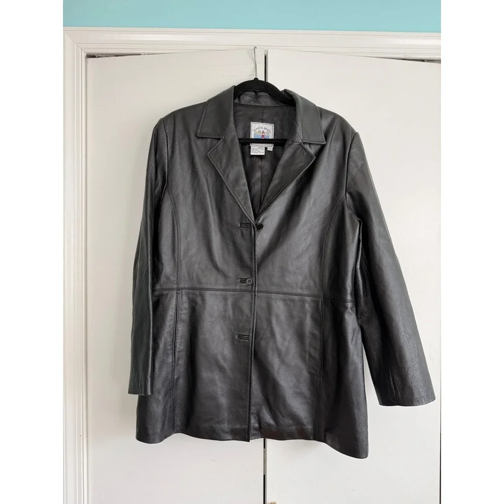 Atlantic Beach Black Leather Blazer‎ Jacket Button Front Women's Size Large